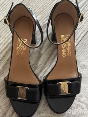Salvatore Ferragamo Black Patent Vara Bow Ankle-Strap Sandals with Gold Plaque